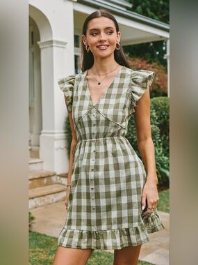 Olive Buffalo Plaid Ruffled Sleeve Mini Dress - Women